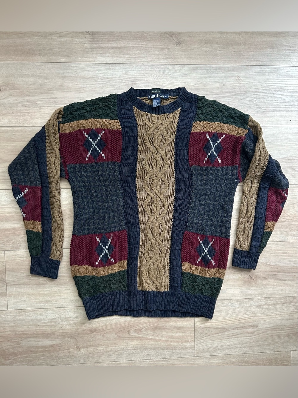 Nautica Men's VINTAGE Grandpa Cable Knit Sweater - Burgundy/Green/Tan/Blue